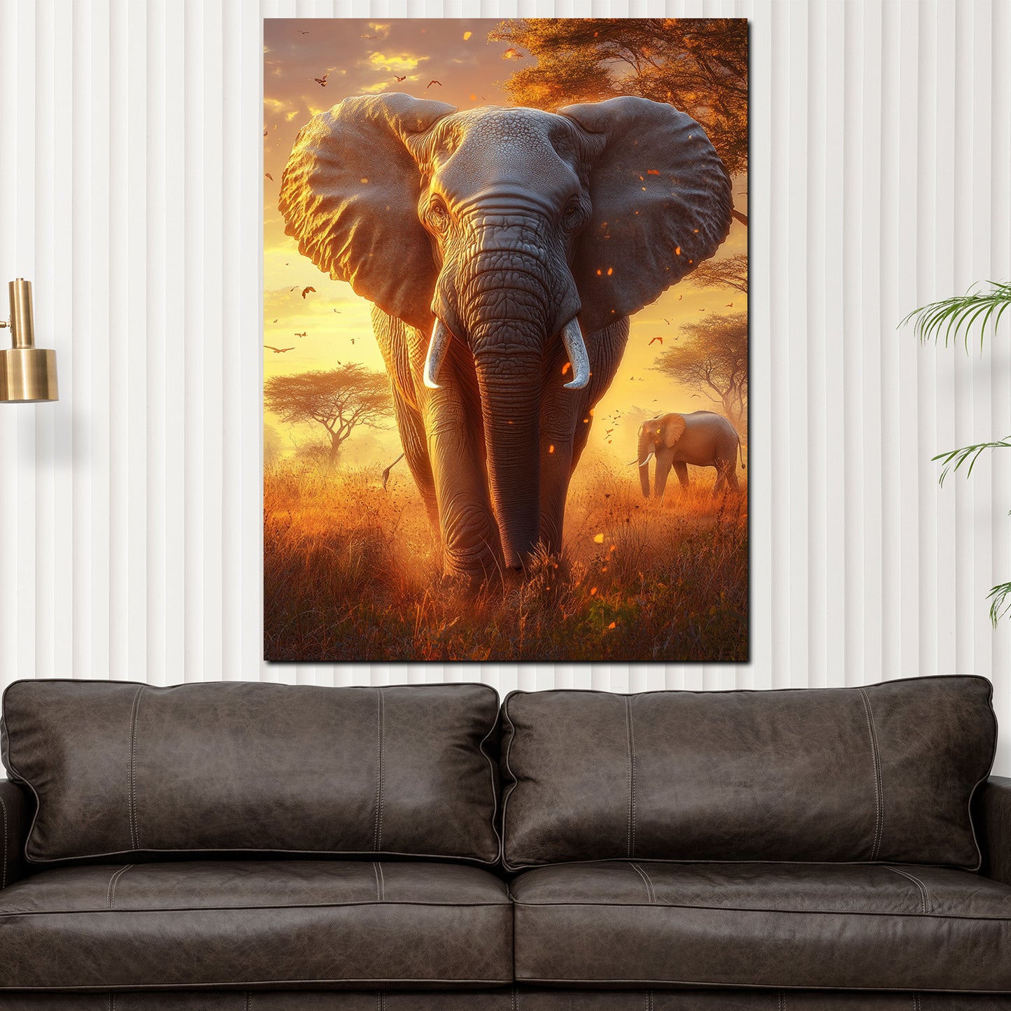 Wandbild abstrakt Elefant in der Savanne bei Sonnenuntergang
