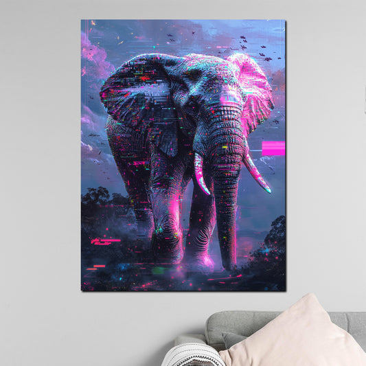 Wandbild abstrakt Elefant mit futuristischen Lichteffekten und Neon Farben