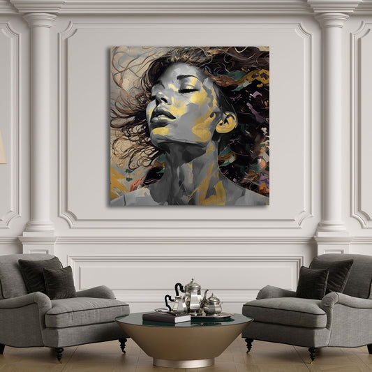 Wandbild abstrakt Frau modern mit goldenen Akzenten