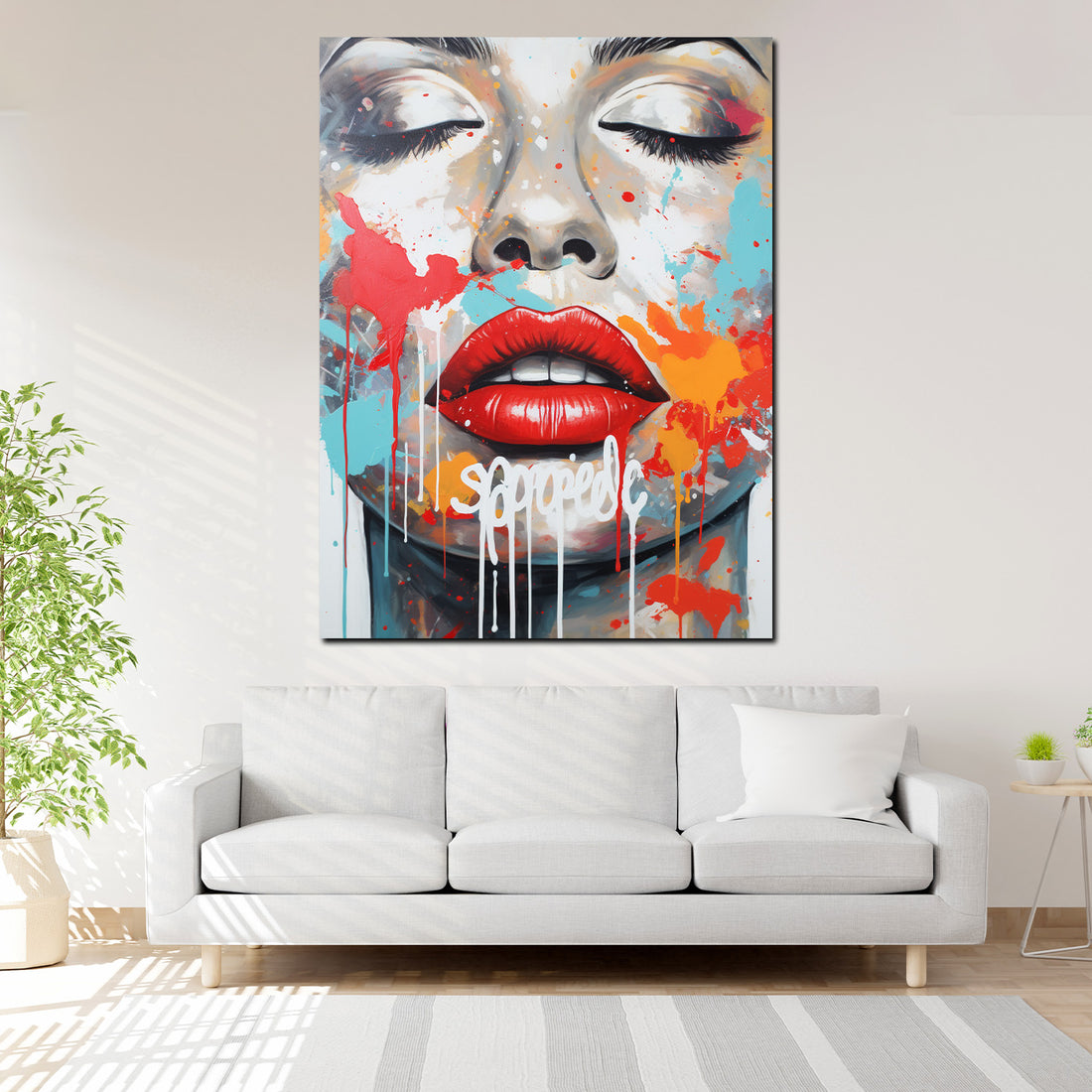 Wandbild abstrakt Gesicht mit rote Lippen, Frau
