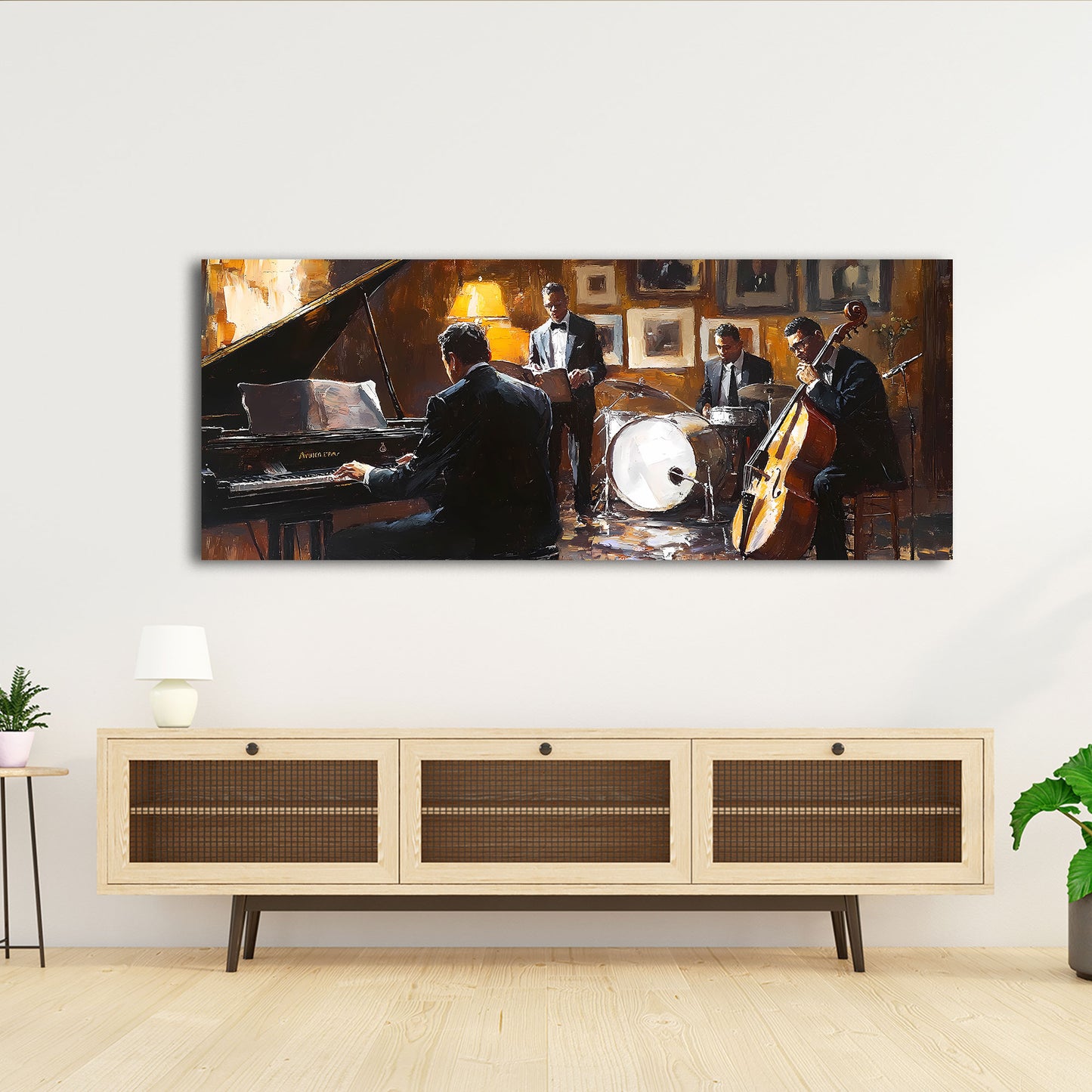 Wandbild abstrakt Jazz Musik Klavier Schlagzeug Band in Öloptik