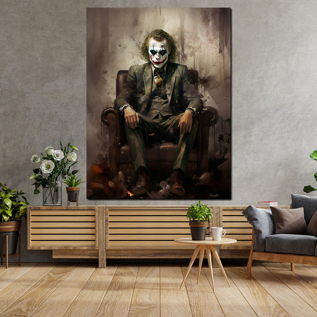Wandbild abstrakt Joker im Anzug sitzend