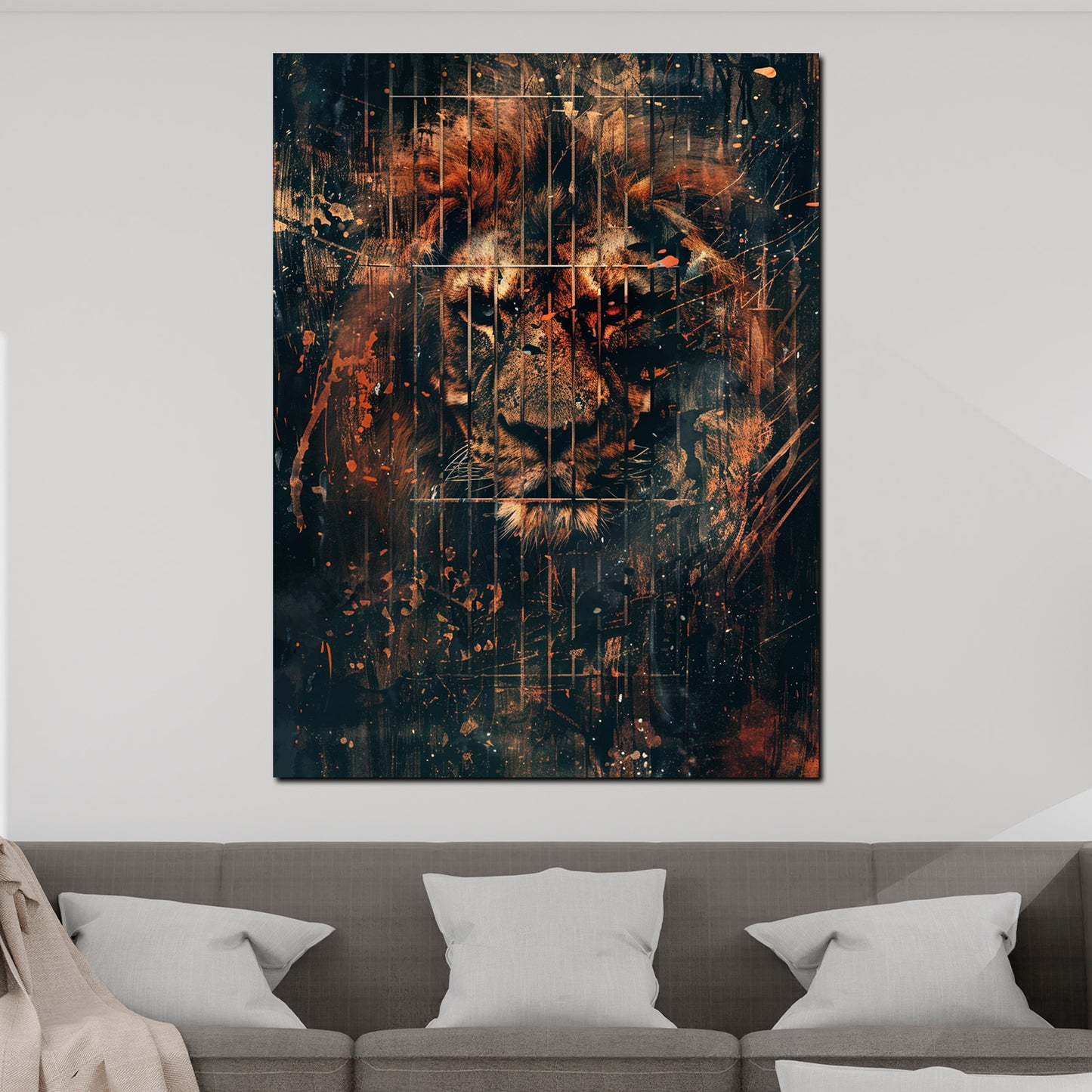Wandbild abstrakt Löwe hinter Zaun düster modern