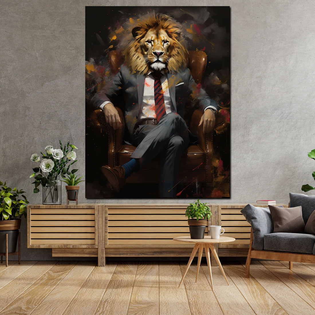 Wandbild abstrakt Löwe im Sessel