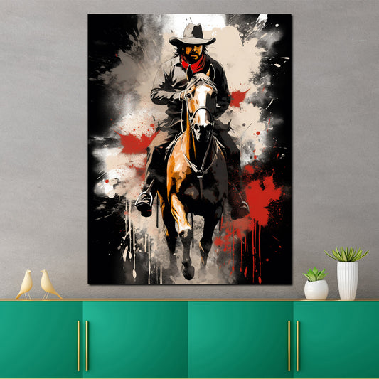 Wandbild Western Cowboy auf Pferd Dark Style