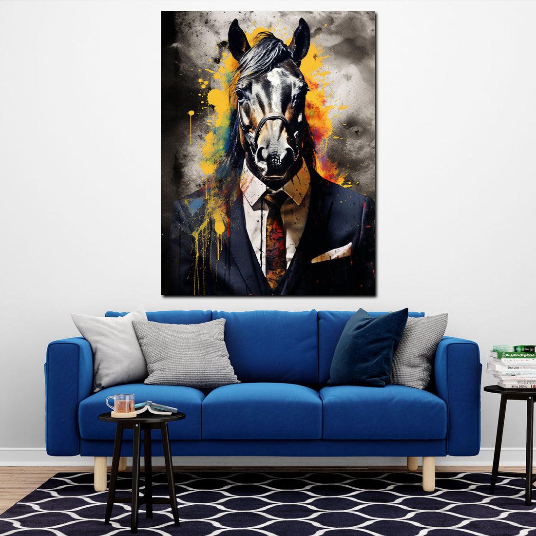 Wandbild abstrakt Pferd im blauen Anzug frontal Pop Art