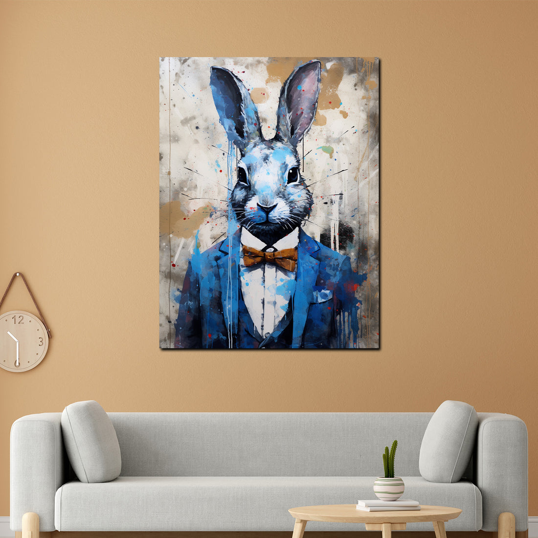 Wandbild abstrakt Pop Art Hase im blauen Anzug