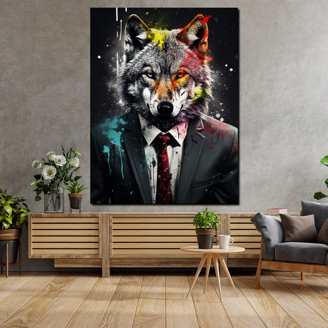 Wandbild abstrakt Wolf im Anzug Pop Art Black Style