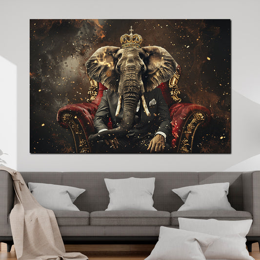 Wandbild abstrakt königlicher Elefant im Anzug auf goldenem Thron