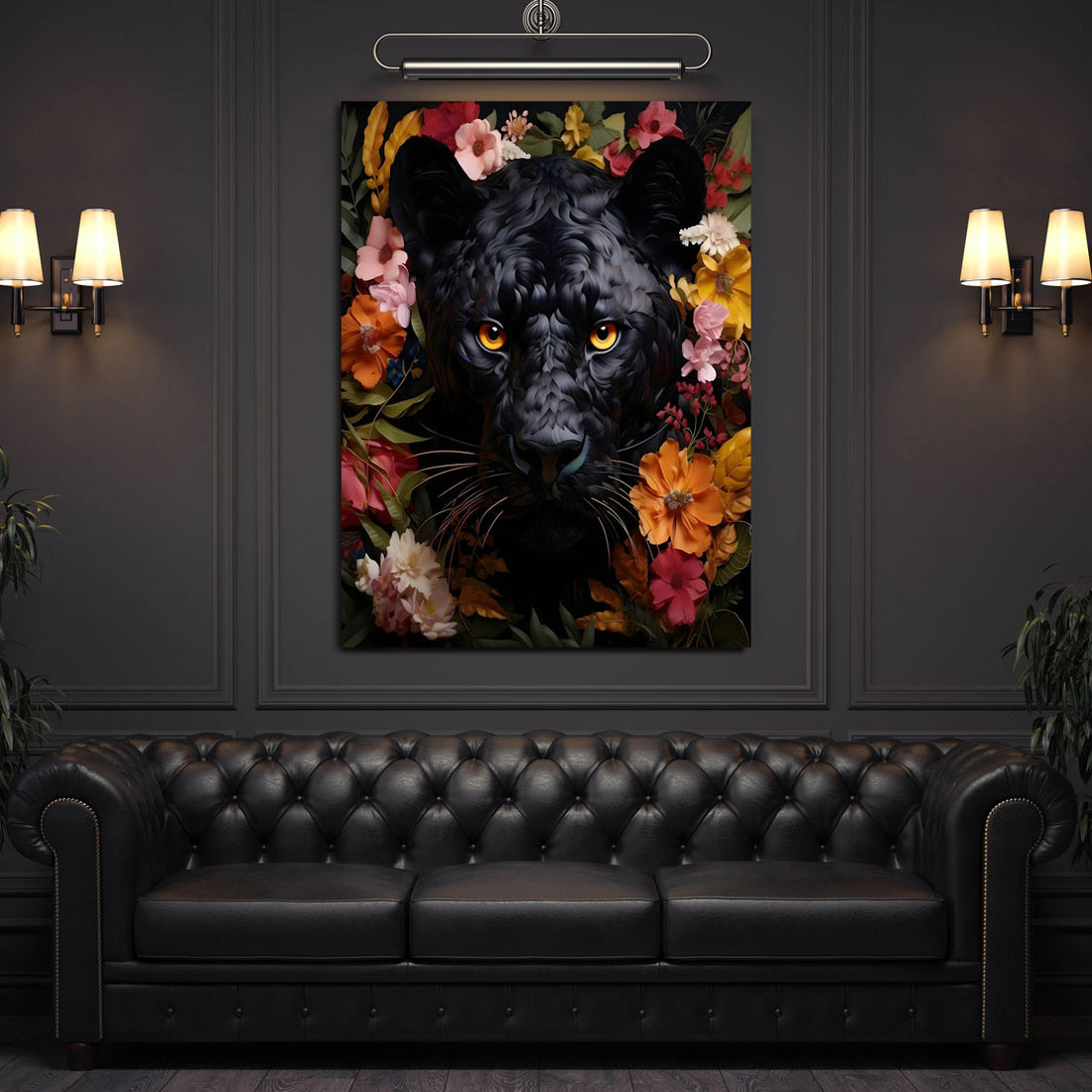Wandbild abstrakt mit schwarzer Panther und Blumen