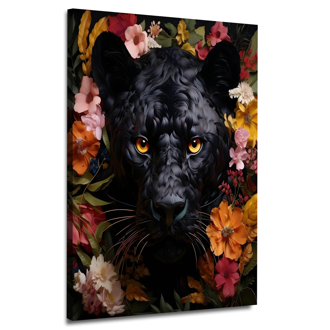 Wandbild abstrakt mit schwarzer Panther und Blumen