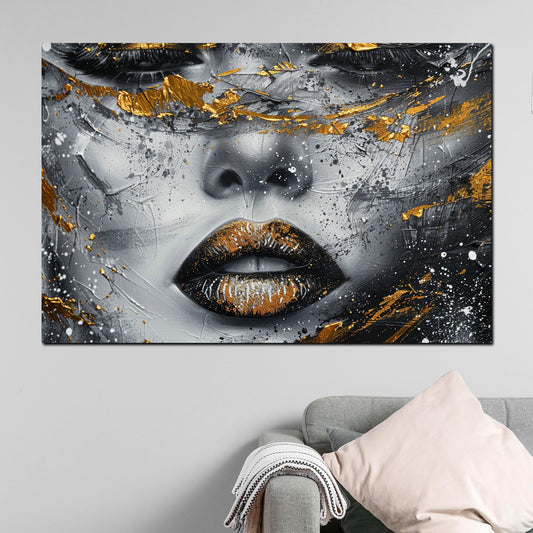 Wandbild abstrakt weibliches Gesicht in Schwarz Weiß und Gold