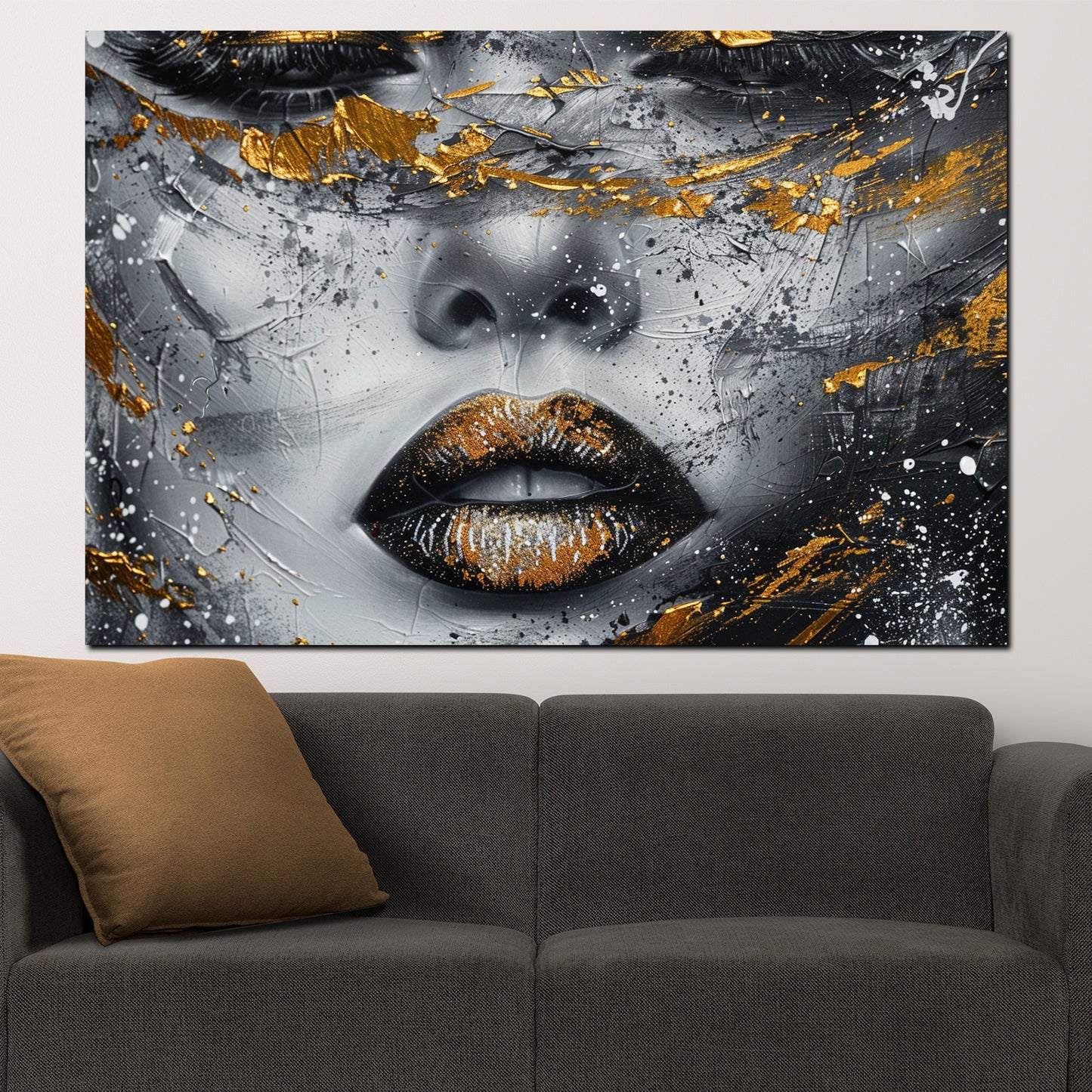 Wandbild abstrakt weibliches Gesicht in Schwarz Weiß und Gold