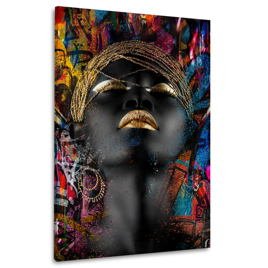 Wandbild afrikanische Frau Goldakzente und Graffiti Pop Art