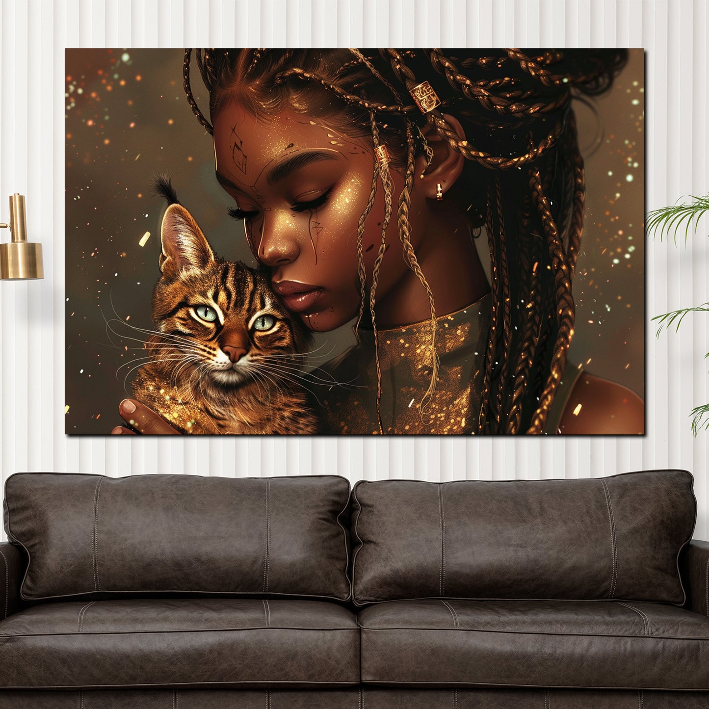 Wandbild afroamerikanische Frau mit Katze Gold modern