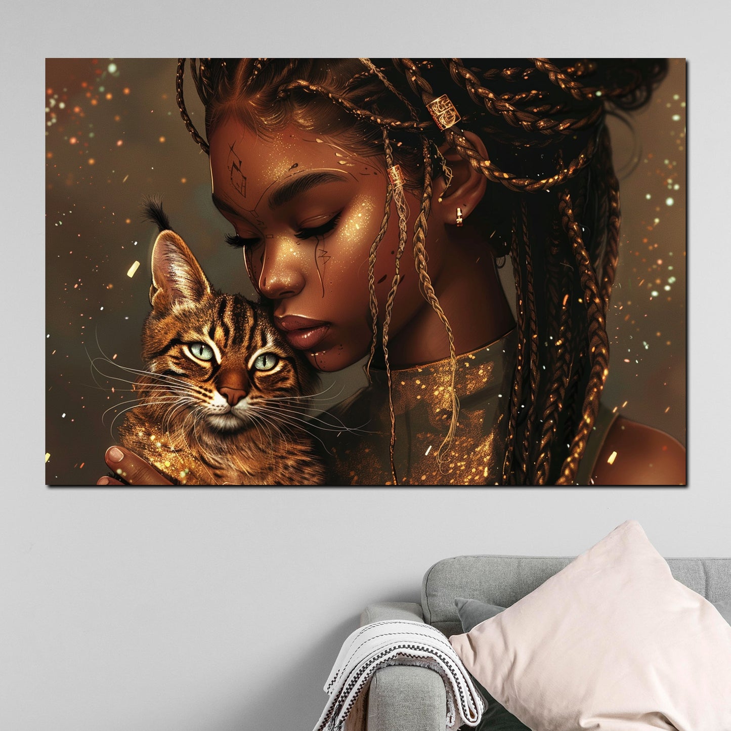Wandbild afroamerikanische Frau mit Katze Gold modern