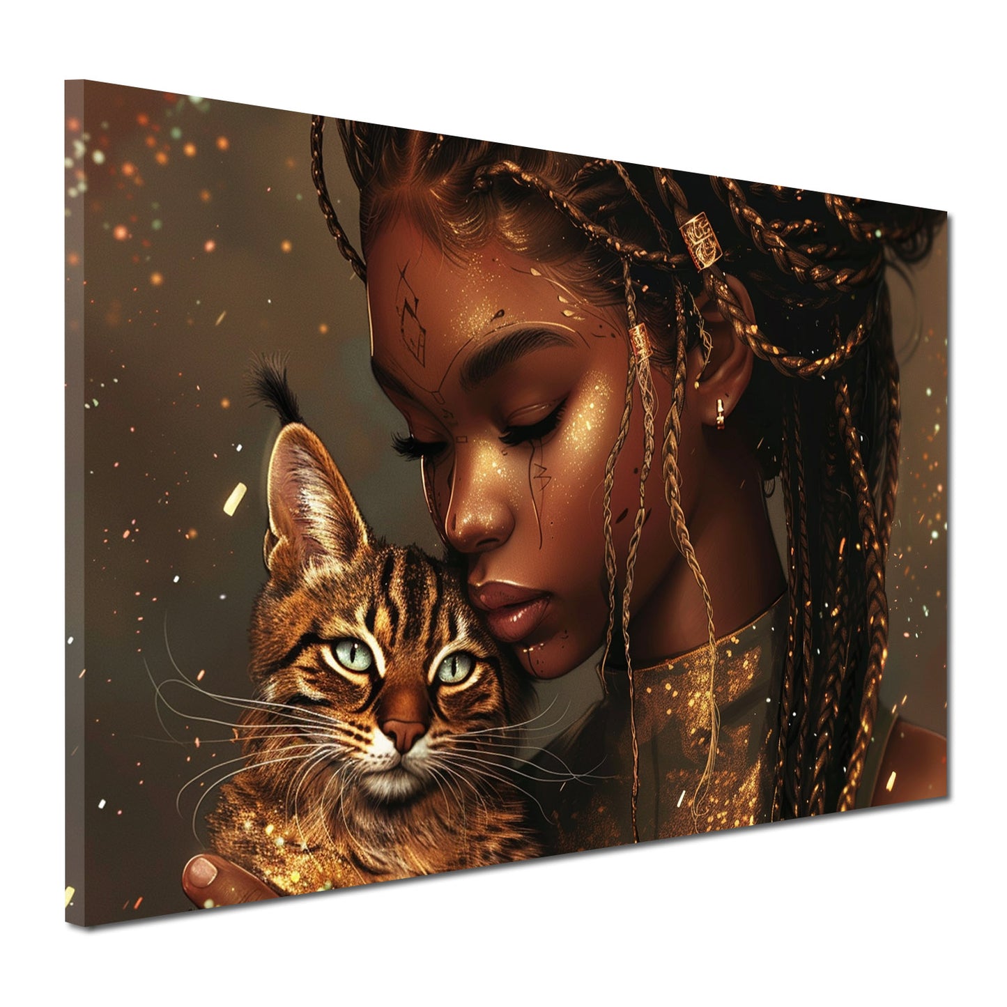 Wandbild afroamerikanische Frau mit Katze Gold modern