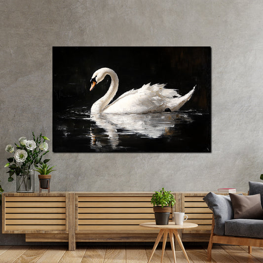 Wandbild anmutiger Schwan auf dunklem Wasser Spiegelung Eleganz modern