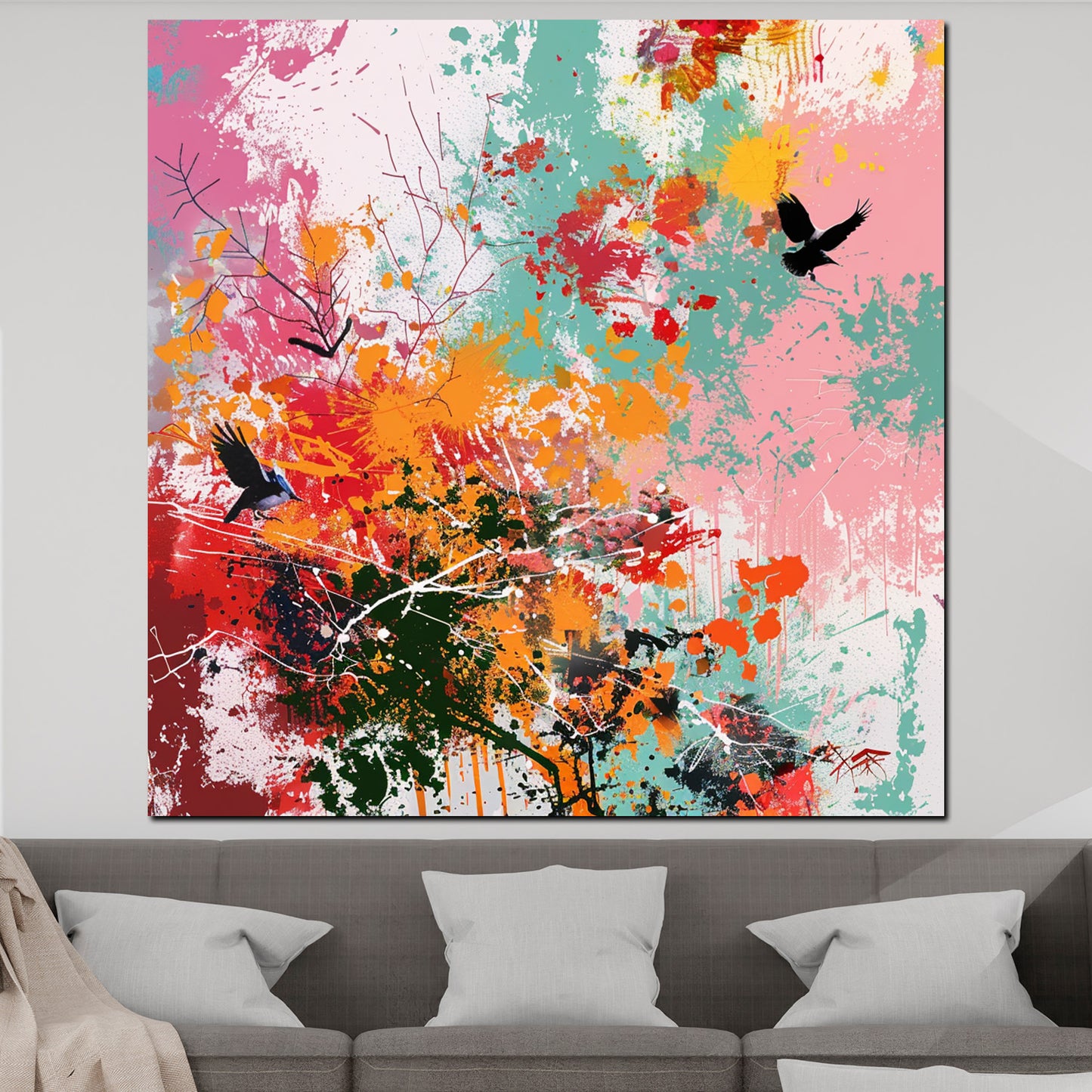 Wandbild bunte abstrakte Natur mit Vögeln