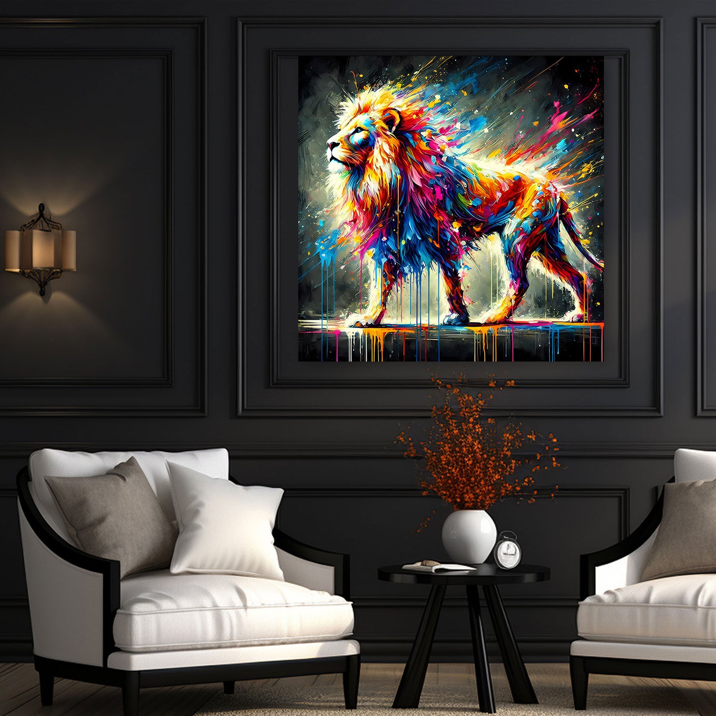 Wandbild bunter Löwe in abstrakter Pop Art Optik