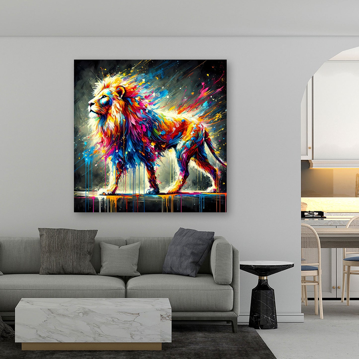 Wandbild bunter Löwe in abstrakter Pop Art Optik