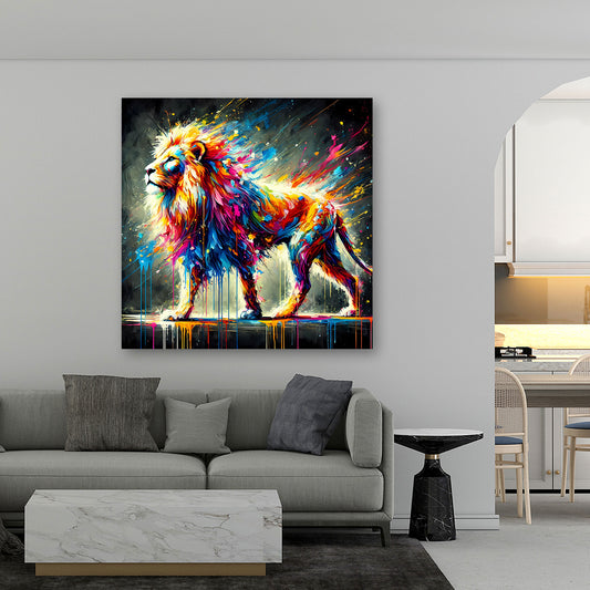 Wandbild bunter Löwe in abstrakter Pop Art Optik