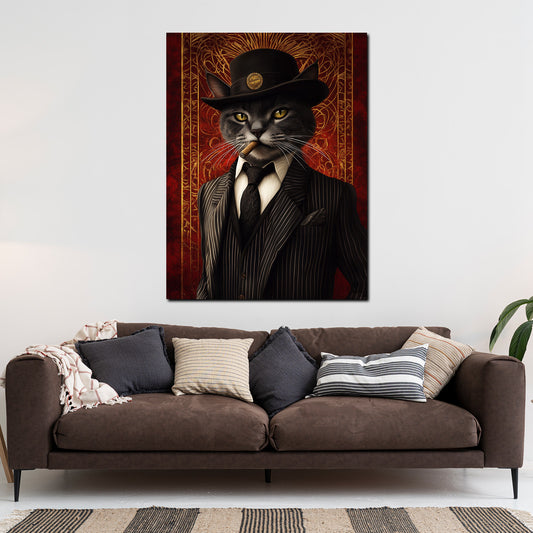 Wandbild coole schwarze Katze im Anzug mit Hut Stil Retro modern