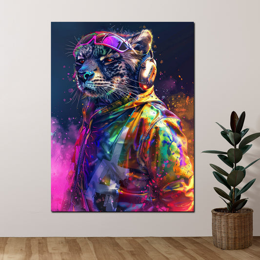 Wandbild cooler Leopard mit Kopfhörern im Pop Art Stil