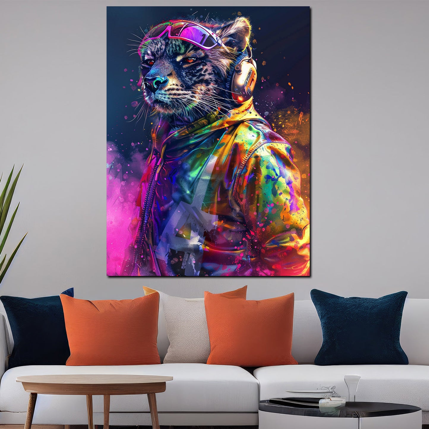 Wandbild cooler Leopard mit Kopfhörern im Pop Art Stil