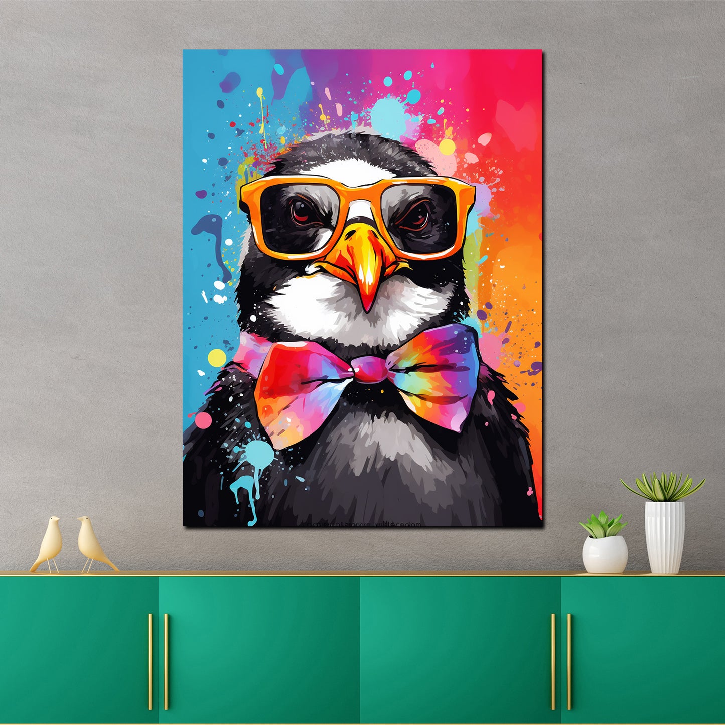Wandbild cooler Pinguin mit Sonnenbrille und Fliege Pop Art