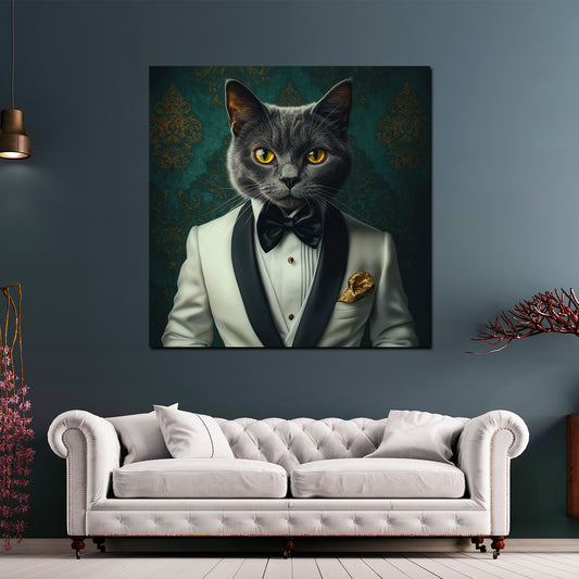 Wandbild edle Katze im weißen Smoking Stil Eleganz Luxus modern