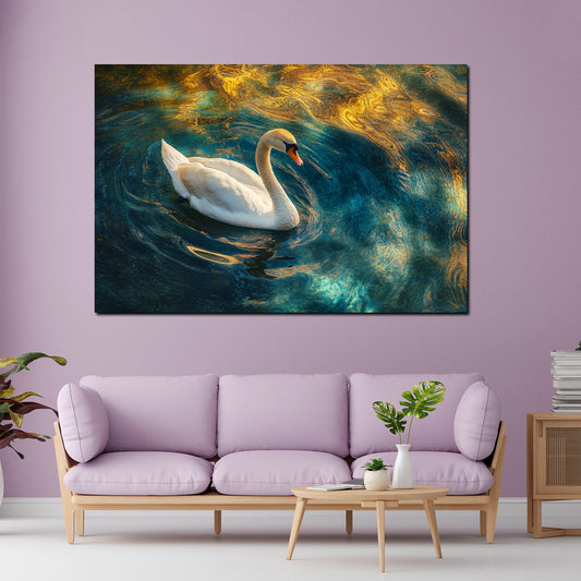 Wandbild Schwan auf blau goldenem Wasser Anmut Glanz modern
