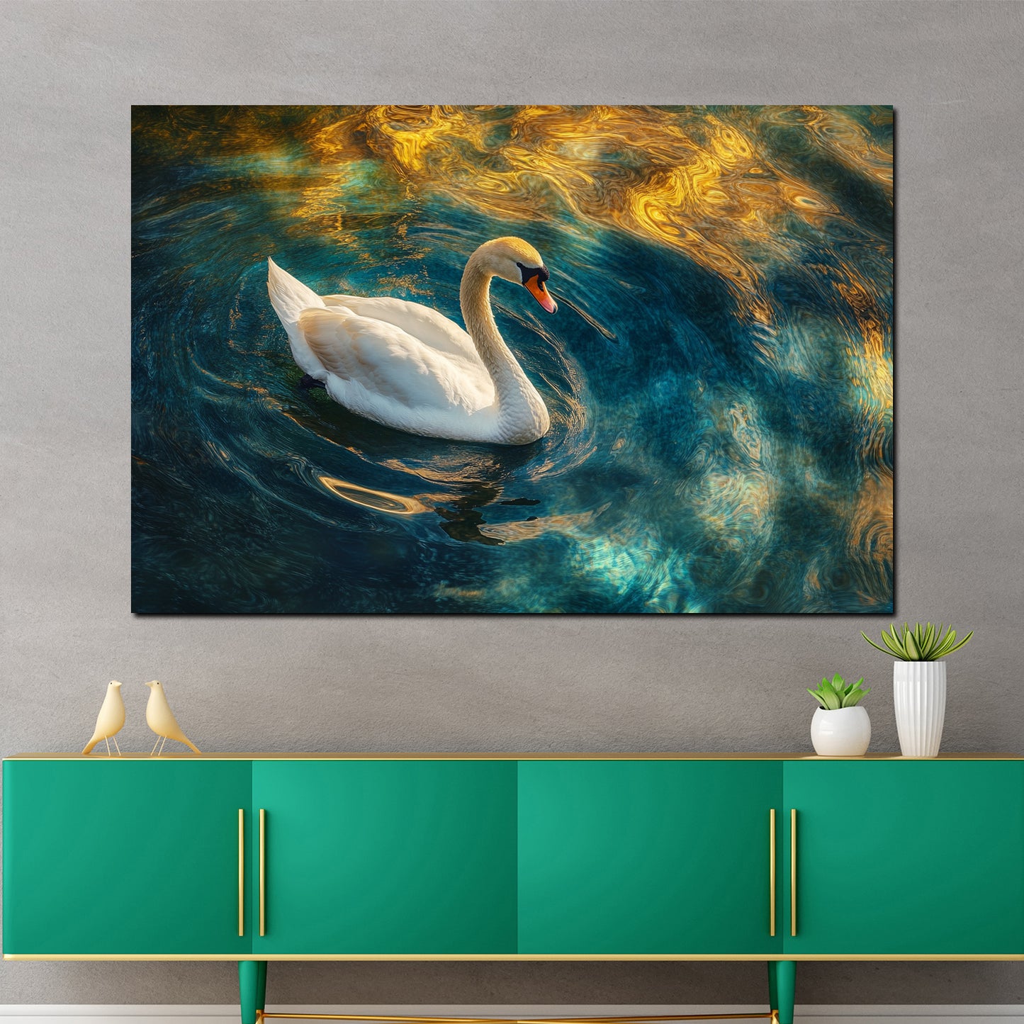 Wandbild Schwan auf blau goldenem Wasser Anmut Glanz modern