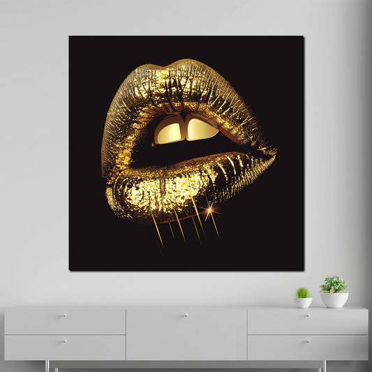 Wandbild goldene Lippen auf schwarz