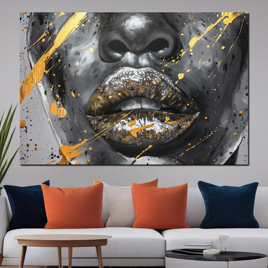 Wandbild goldene volle Lippen black Women Schwarz Weiß