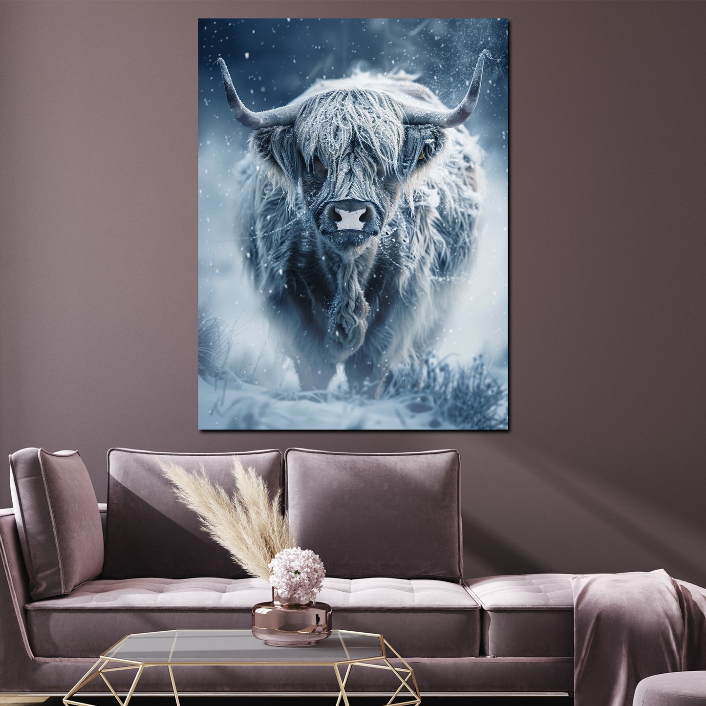 Wandbild Schottisches Hochlandrind Kuh im Schnee Natur Wildnis modern