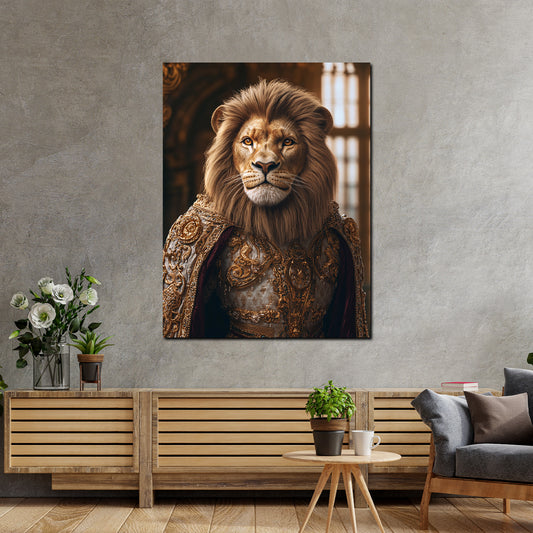 Wandbild königlicher Löwe in goldener Rüstung Anmut Stärke modern