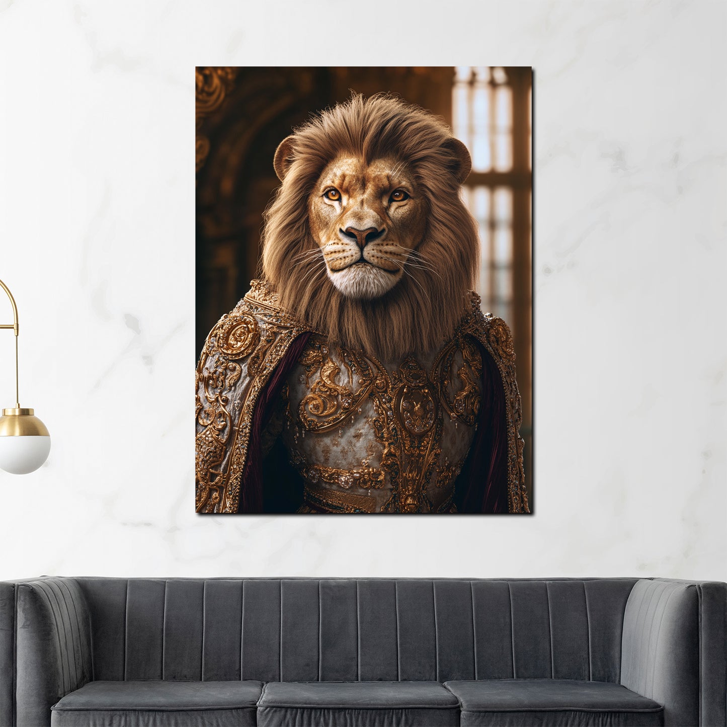 Wandbild königlicher Löwe in goldener Rüstung Anmut Stärke modern