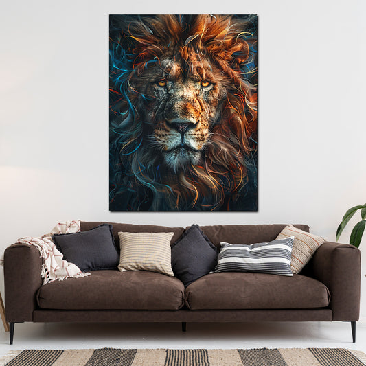 Wandbild kraftvoller Löwenkopf mit leuchtender Mähne Energie Stärke modern