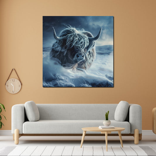 Wandbild Schottisches Hochlandrind im Schnee Winterlandschaft Frost Natur