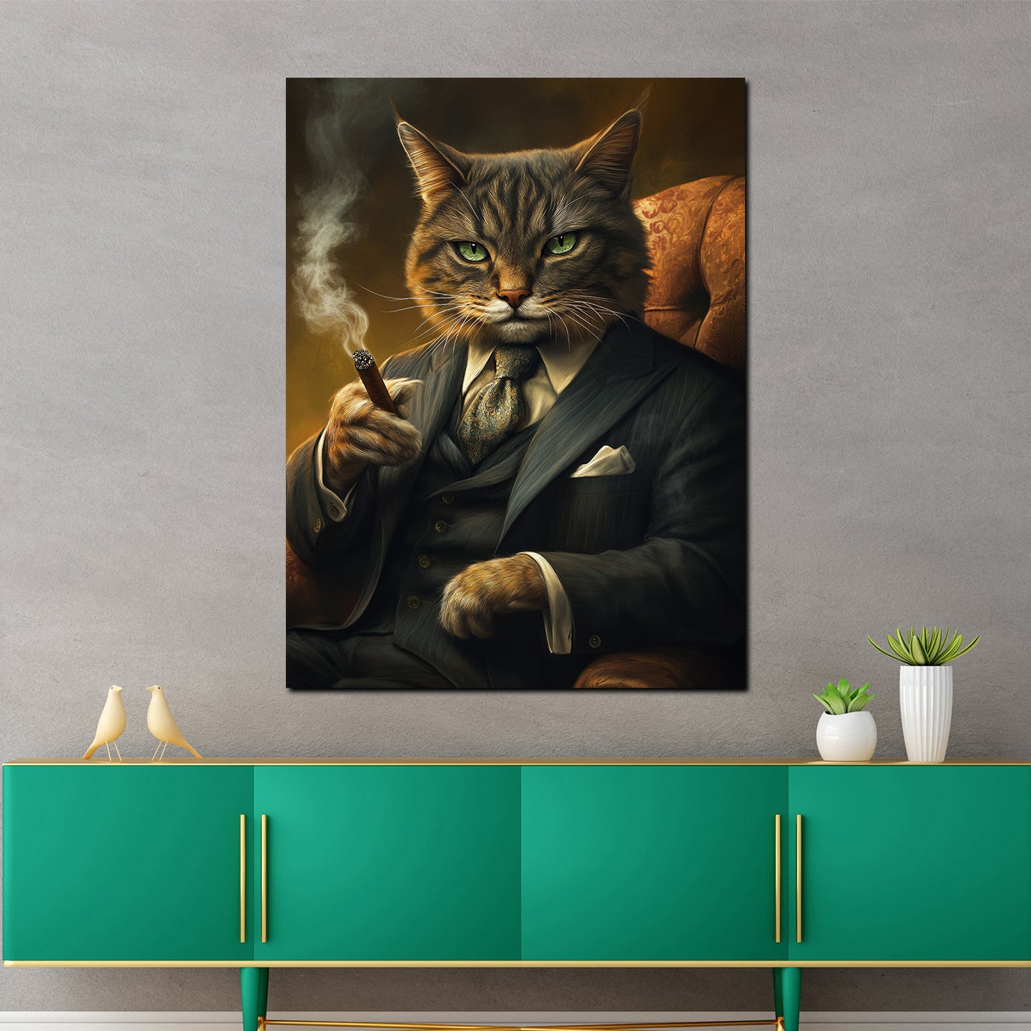 Wandbild mächtige Katze in edlem Anzug Stil Autorität Luxus modern
