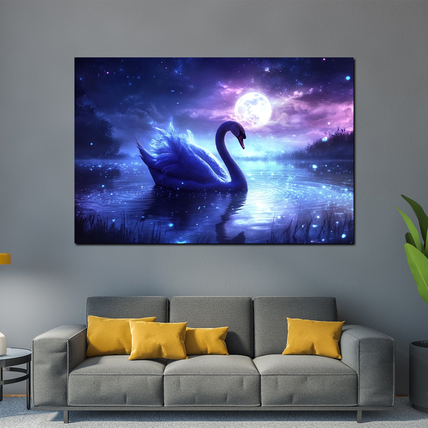 Wandbild magischer Schwan bei Vollmond Märchen Himmel Wasser modern