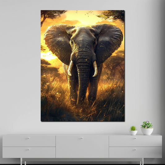 Wandbild majestätischer Elefant in goldenem Sonnenlicht der Savanne