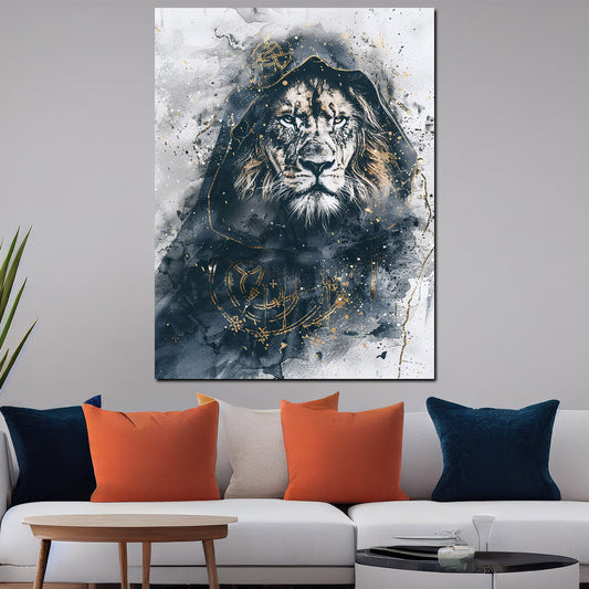 Wandbild majestätischer Löwe Kapuze mystisches Design
