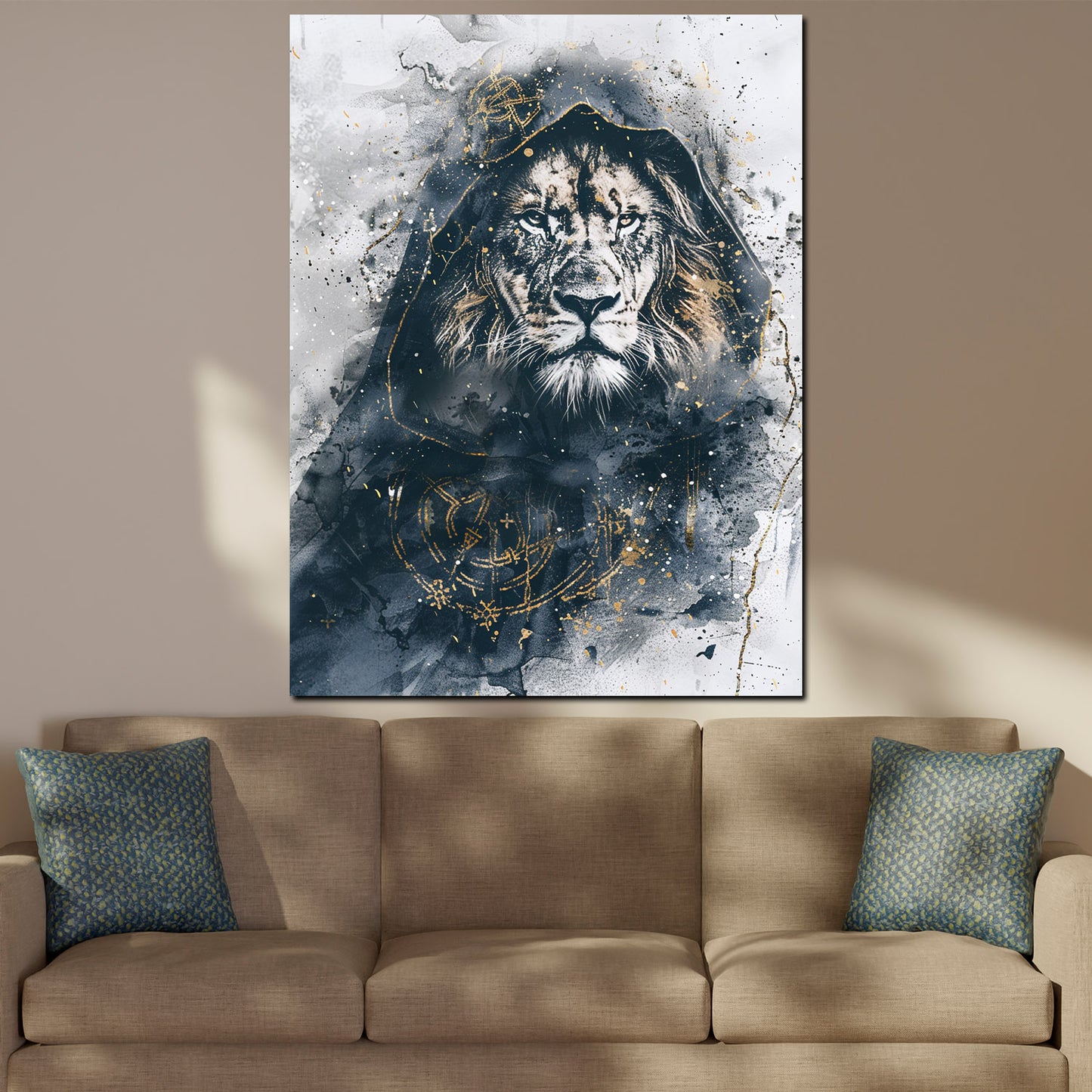 Wandbild majestätischer Löwe Kapuze mystisches Design