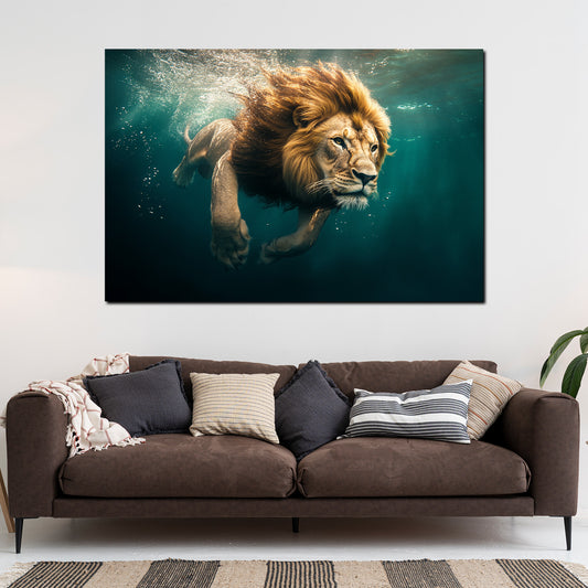 Wandbild majestätischer Löwe beim Tauchen Wildheit Kraft Natur modern