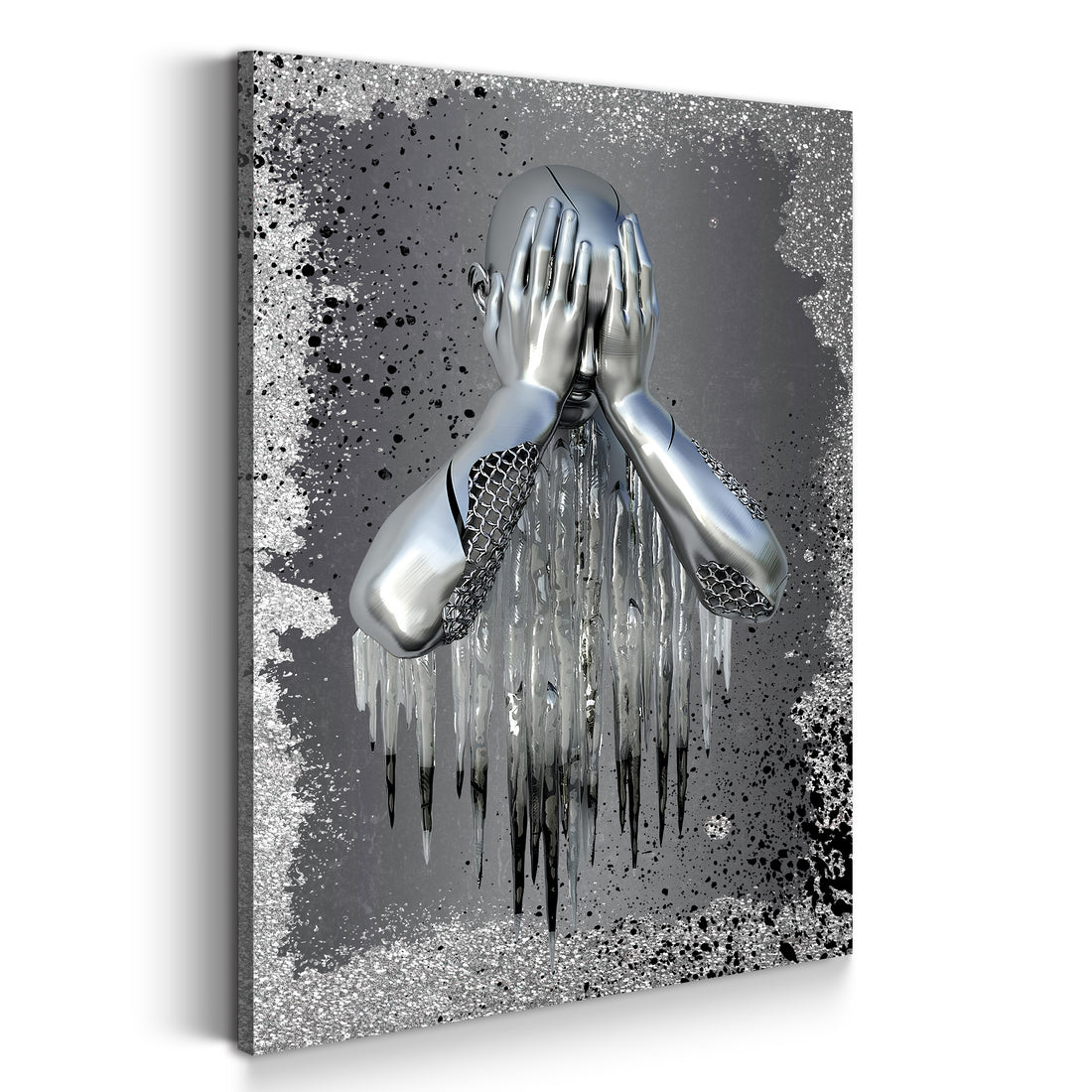 Wandbild modern 3D Metallfigur traurig Splash Metall Wandkunst Silver Style