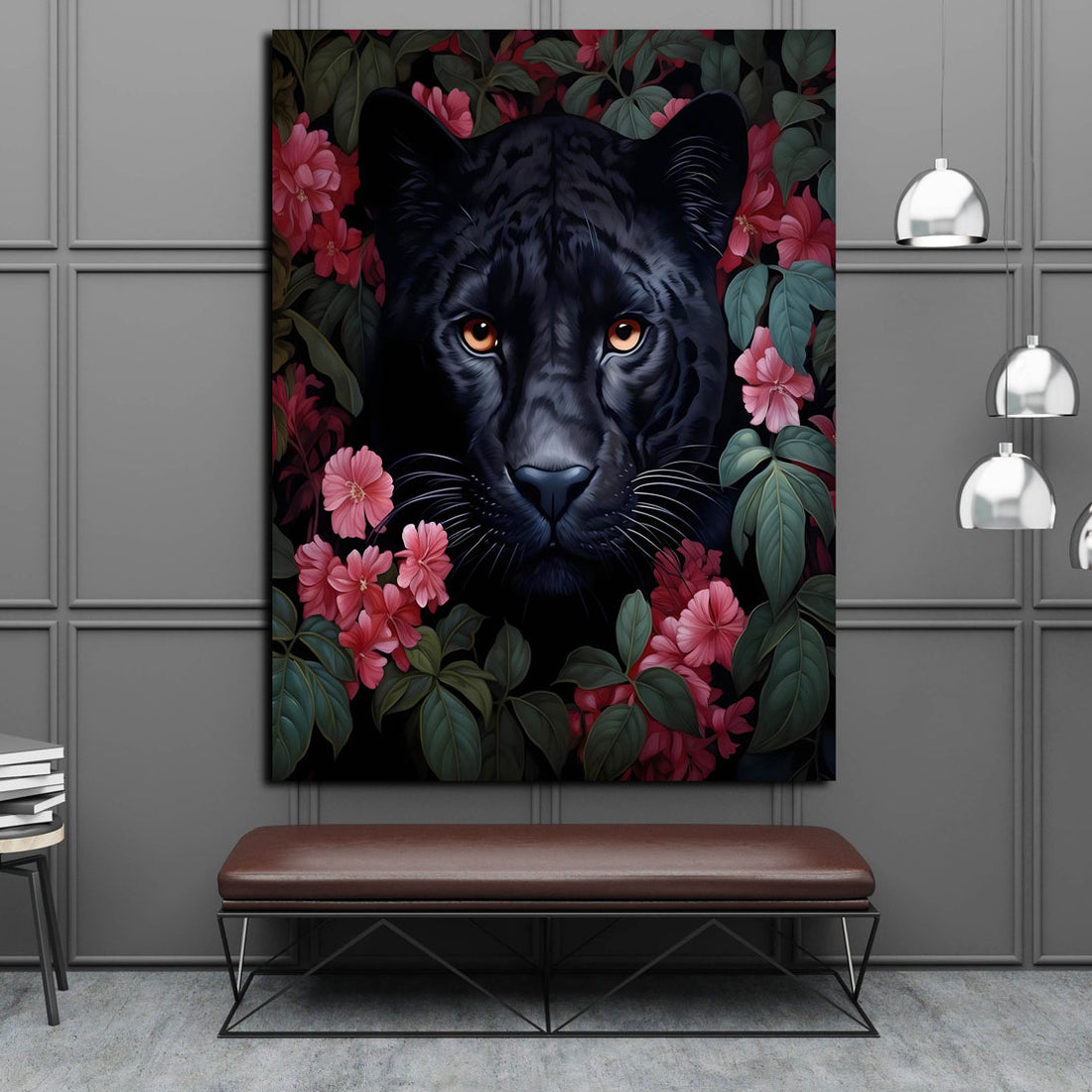 Wandbild schwarzer Panther Flower Style