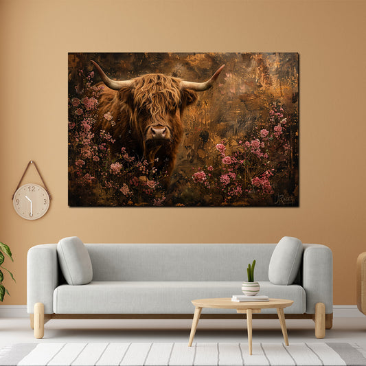Wandbild stolze Kuh inmitten von Blumen Natur Romantik modern