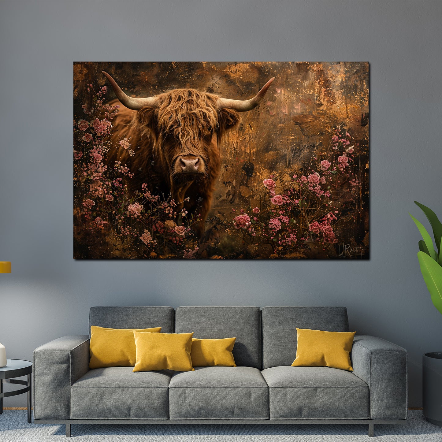 Wandbild stolze Kuh inmitten von Blumen Natur Romantik modern